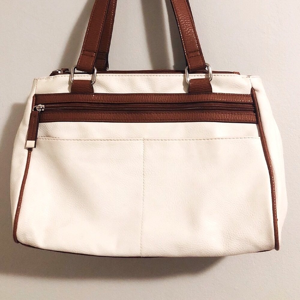 White + brown leather look handbag purse